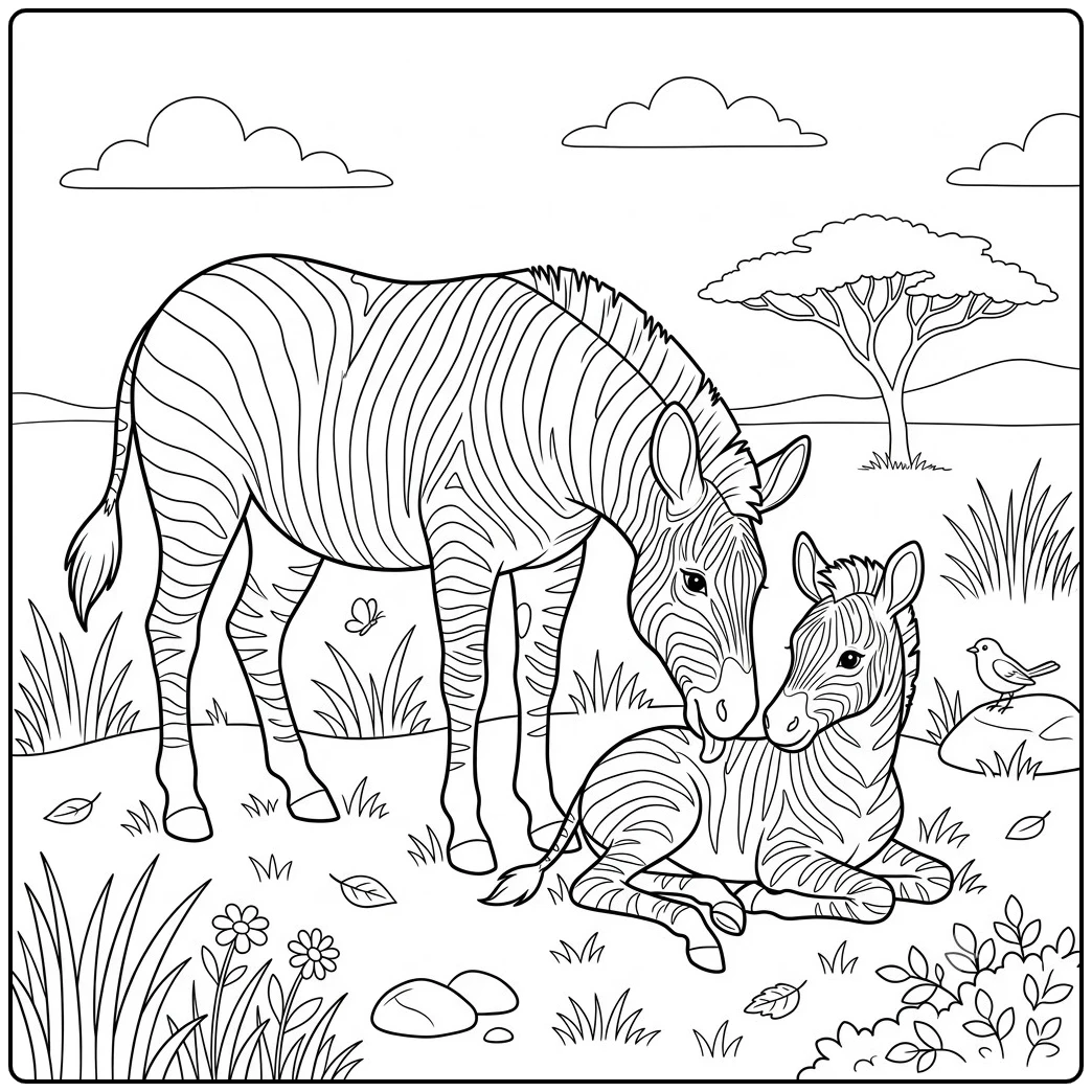 Adult zebra gently checks on a resting foal beside flowers, grass, leaves, and a bird
