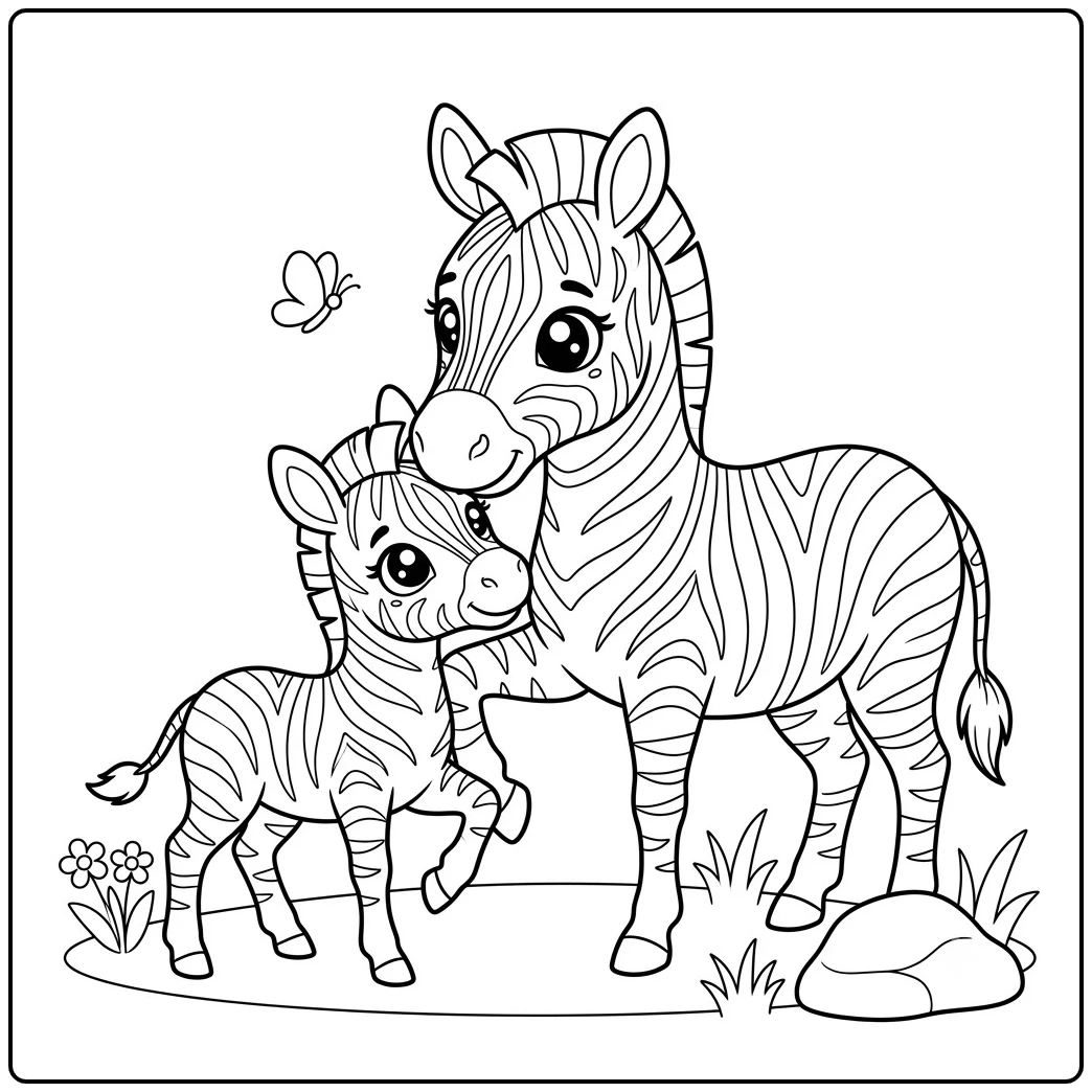 Mother zebra gently nuzzles her baby beside flowers, grass, and a small butterfly