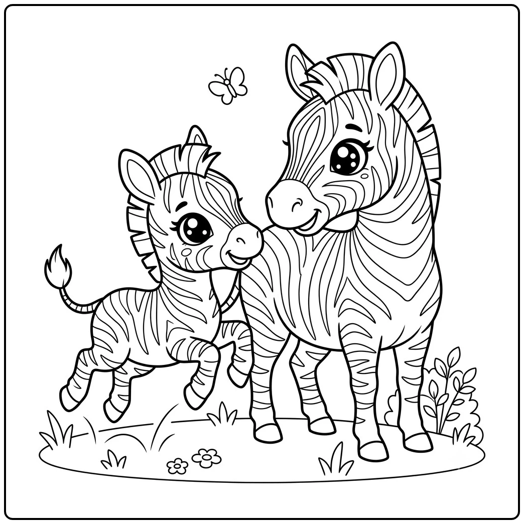 Mother and foal share a gentle nuzzle in this zebra coloring page with flowers nearby