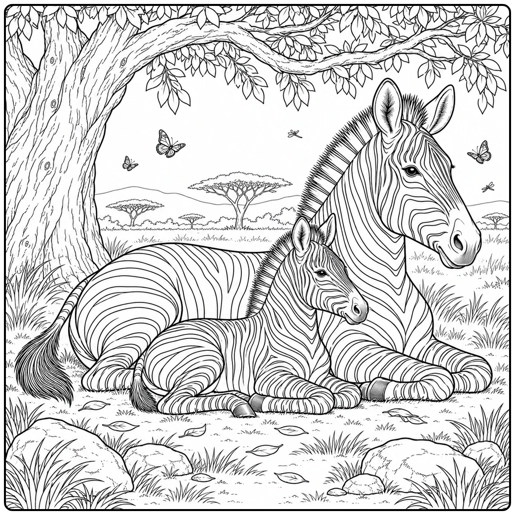 Mother zebra and young foal rest beneath a leafy tree with butterflies nearby