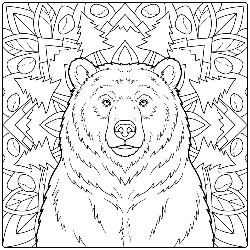 Front-facing grizzly portrait centered within a geometric mandala of mountains and pine trees