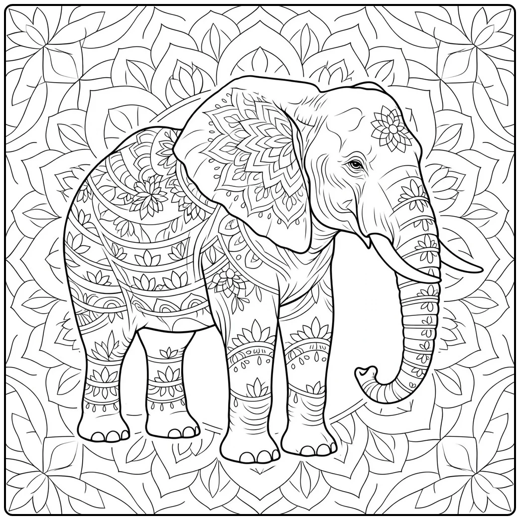 Floral elephant mandala coloring page with layered patterns across the body and background