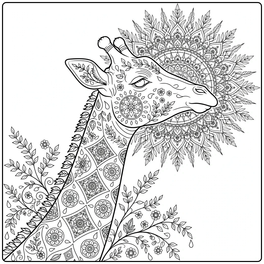 Profile giraffe with floral mandala patterns in an ornate giraffe coloring page