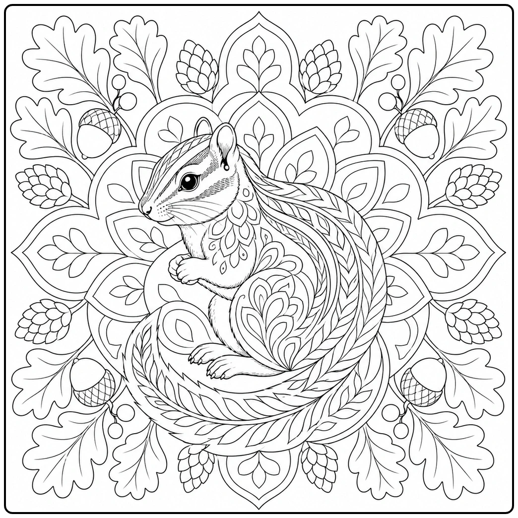 Ornate chipmunk coloring page with a curled chipmunk integrated into a leafy mandala