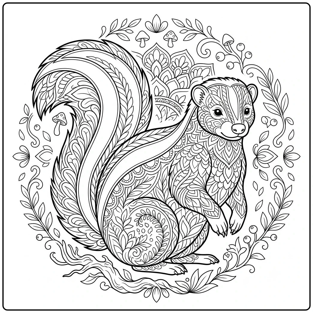 Ornate skunk mandala filled with layered floral, leaf, and feather-like patterns