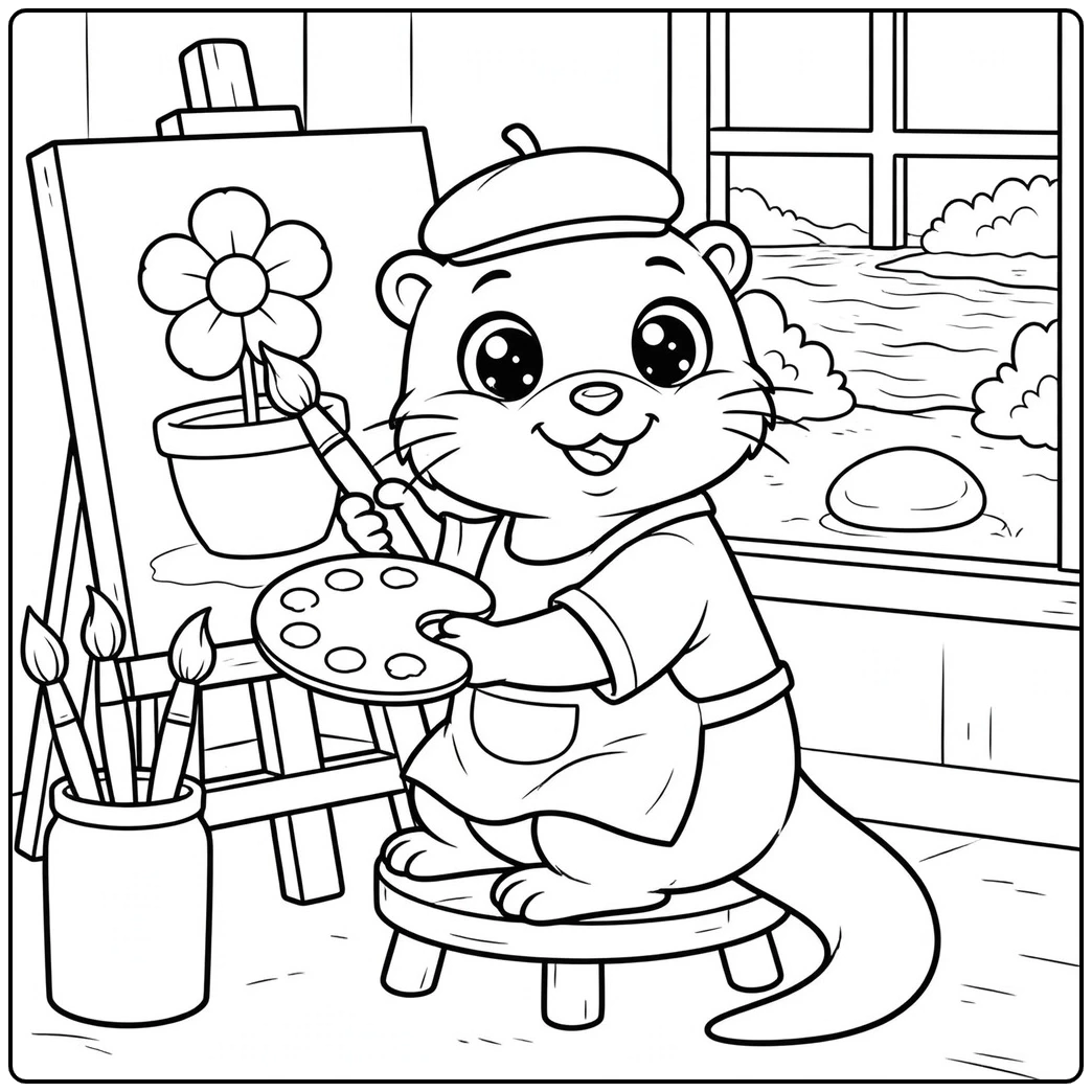 An otter paints a potted flower on an easel in this cute otter coloring page.