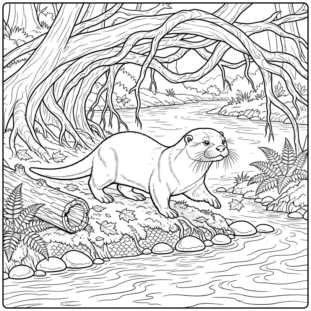 A river otter explores tangled tree roots in this otter coloring page for adults.