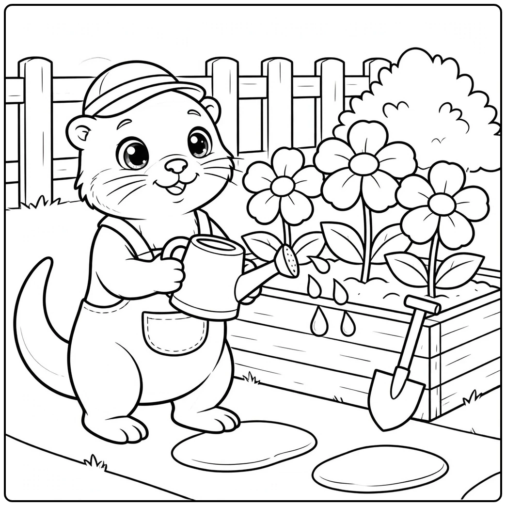 A smiling gardener otter waters three large flowers beside a wooden fence.