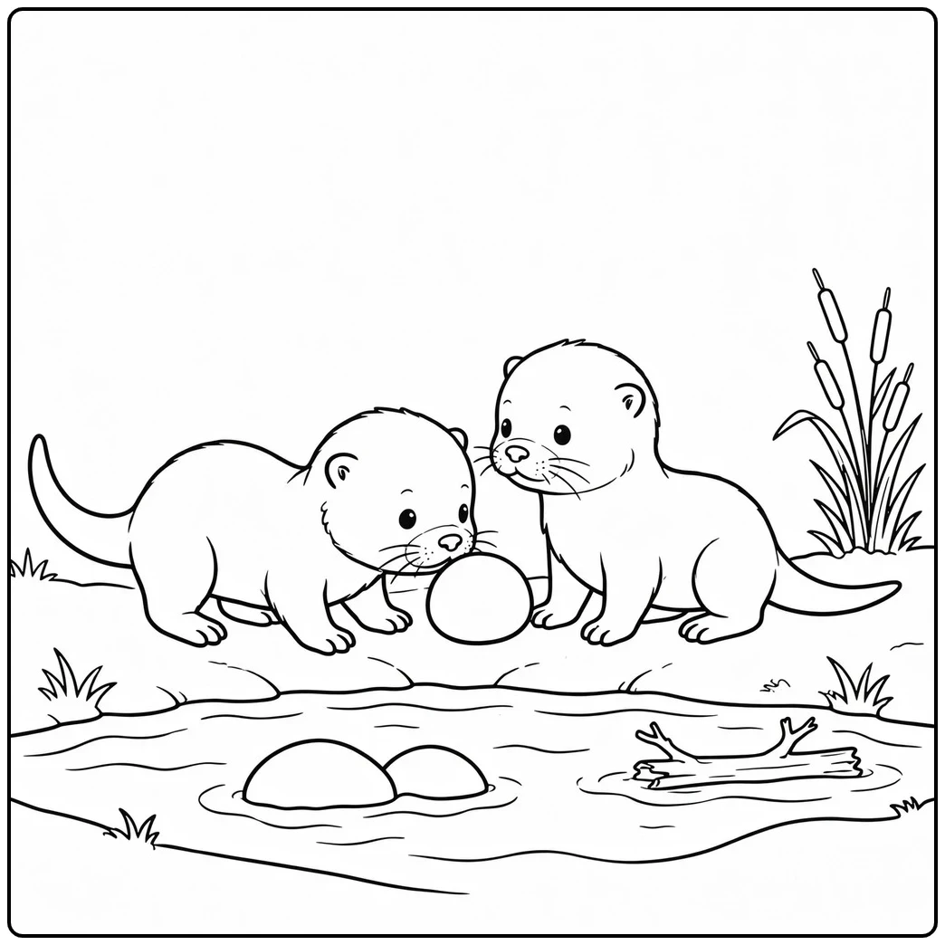 Two curious youngsters examine a round pebble in this otter coloring page by a stream.