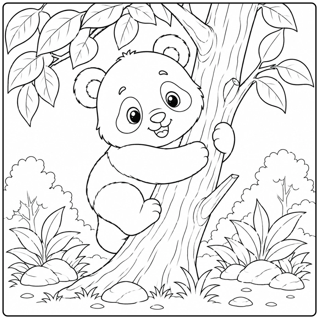 Young panda climbs a tall tree trunk among broad leaves, rocks, and forest plants