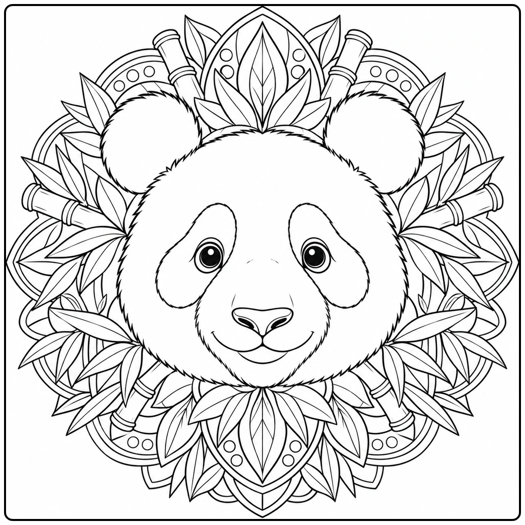 Centered panda coloring page with a smiling face framed by a bamboo leaf mandala