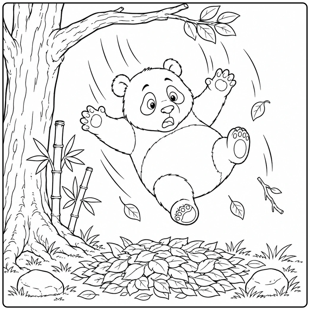 Falling panda coloring page shows a surprised bear dropping from a tree with leaves