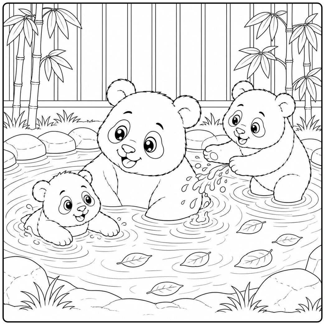 Panda coloring page with three pandas swimming in a zoo pond beside bamboo and bars