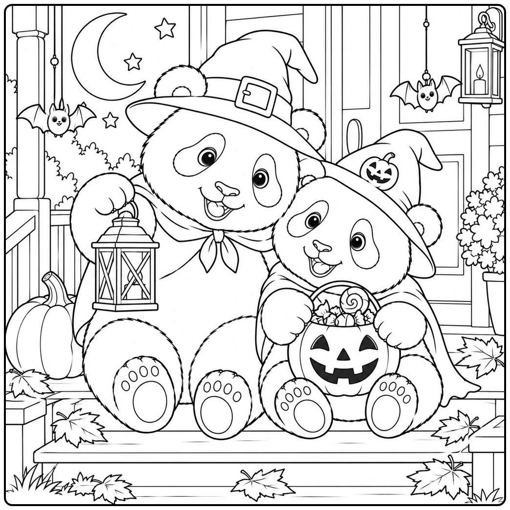 Two pandas in witch hats sit on porch steps with a lantern and pumpkin candy bucket.