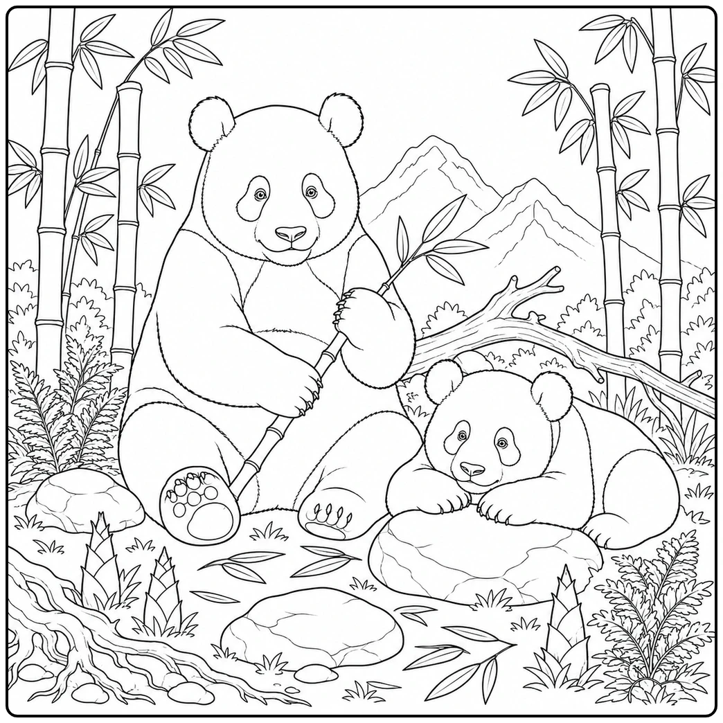 Adult and young panda rest in a bamboo forest with rocks and distant mountains