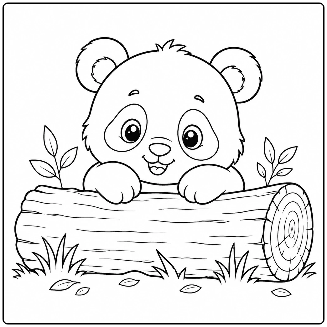 Smiling baby panda peeks over a fallen log with grass and small leafy plants
