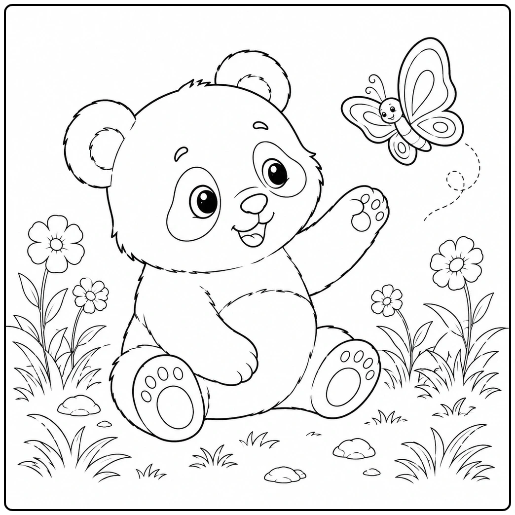 Smiling baby panda reaches toward a butterfly in a small flower-filled meadow