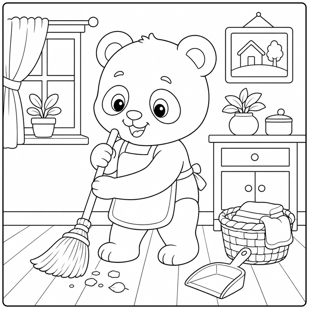 Apron-wearing panda sweeps the floor beside a laundry basket and dustpan indoors