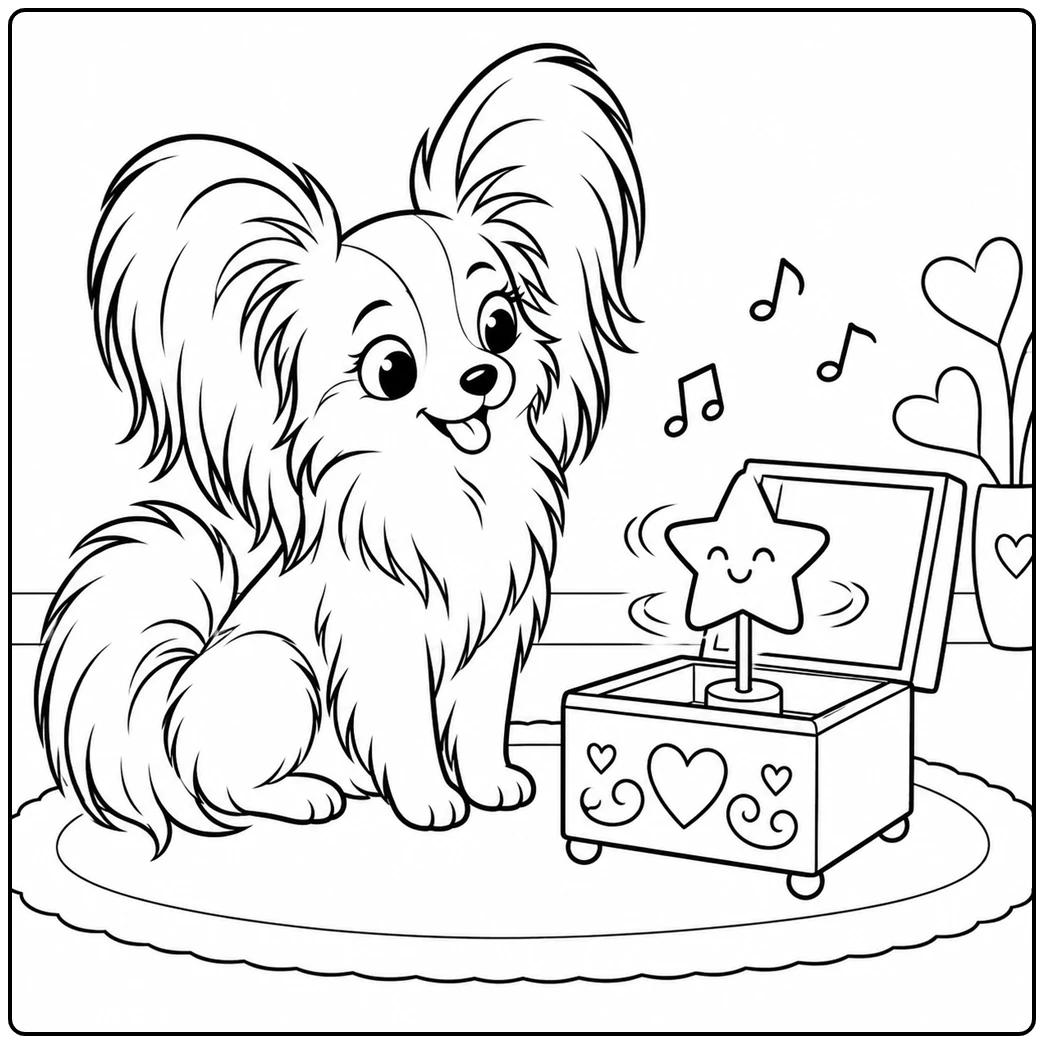 Papillon listens beside an open music box while a large smiling star spins to the melody