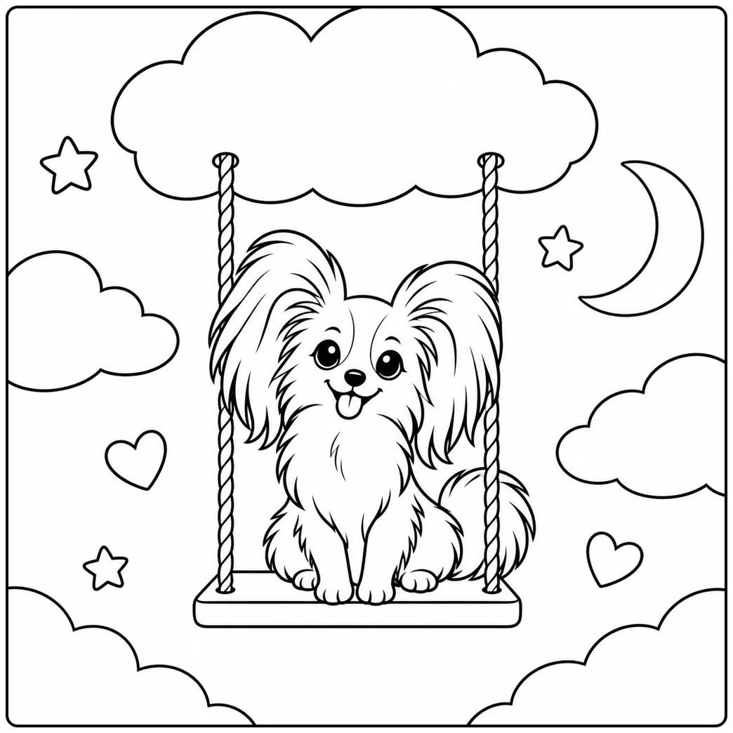 Papillon sits on a cloud swing surrounded by a crescent moon, stars, and soft clouds