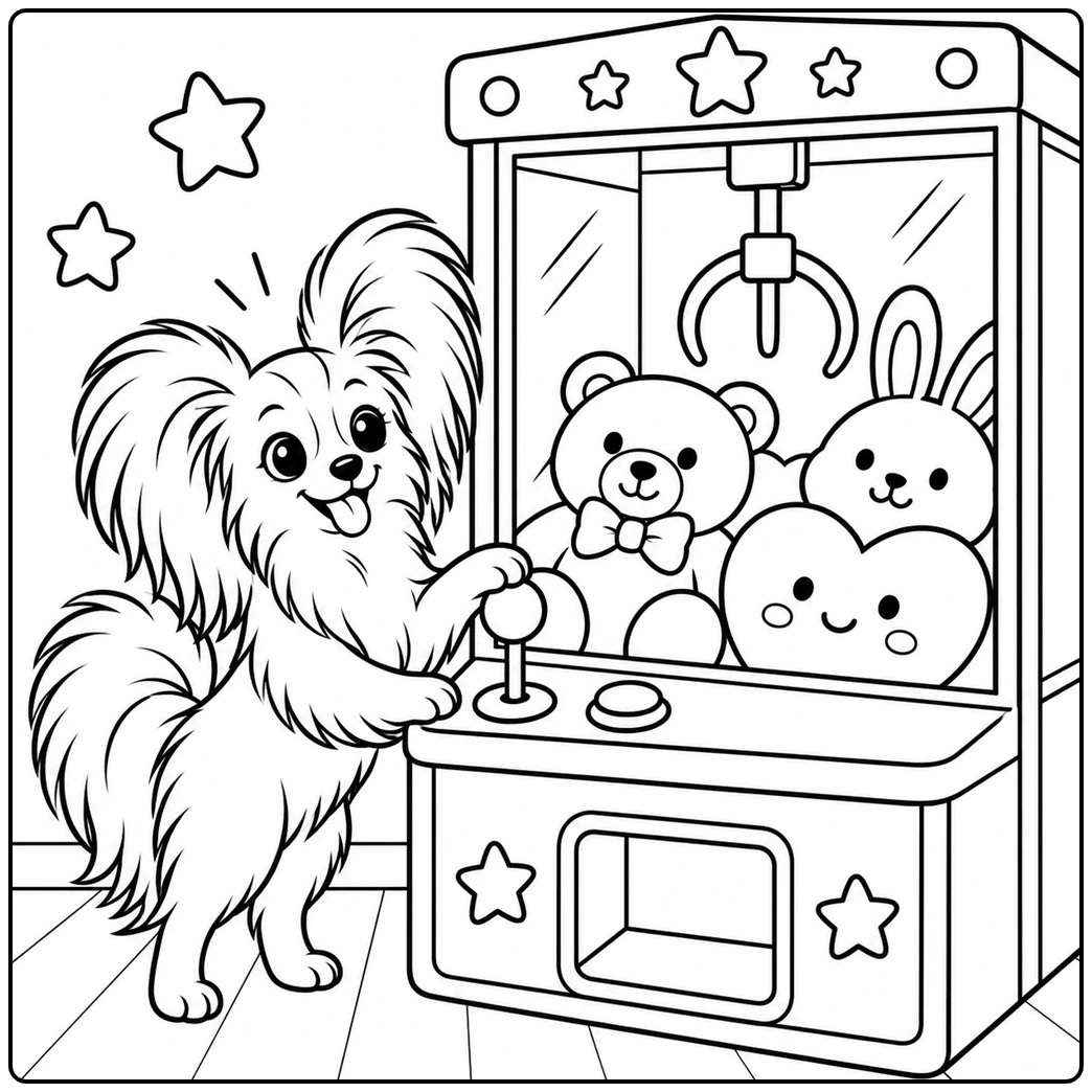 Happy dog operates a claw machine filled with three large plush toys in this papillon coloring page