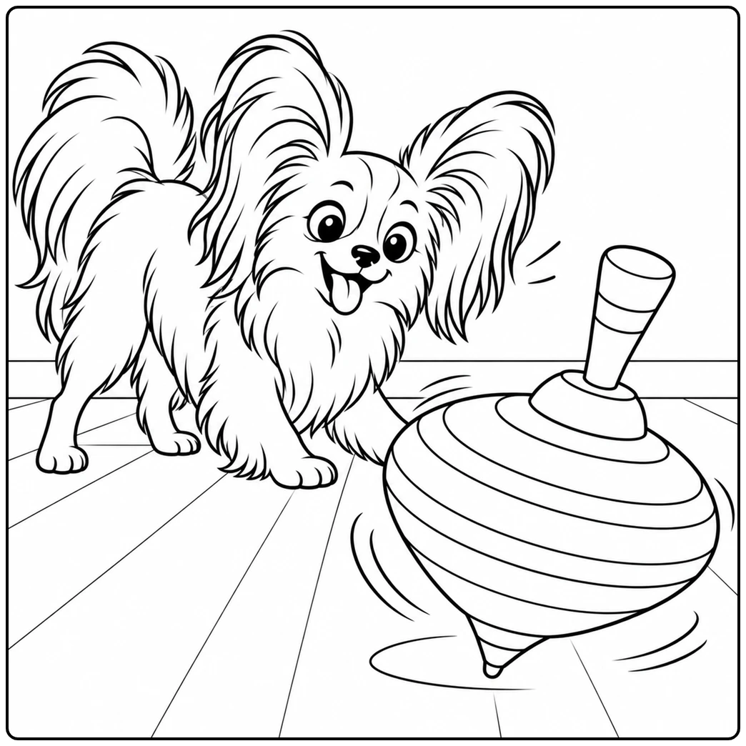 Papillon watches a large spinning top whirl across the floor with curved motion lines