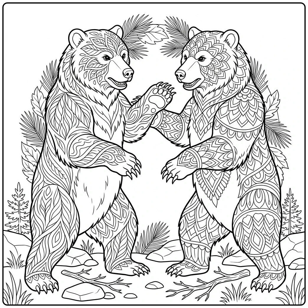 Ornate bear mandala coloring page showing two bears confronting each other in a fierce fight