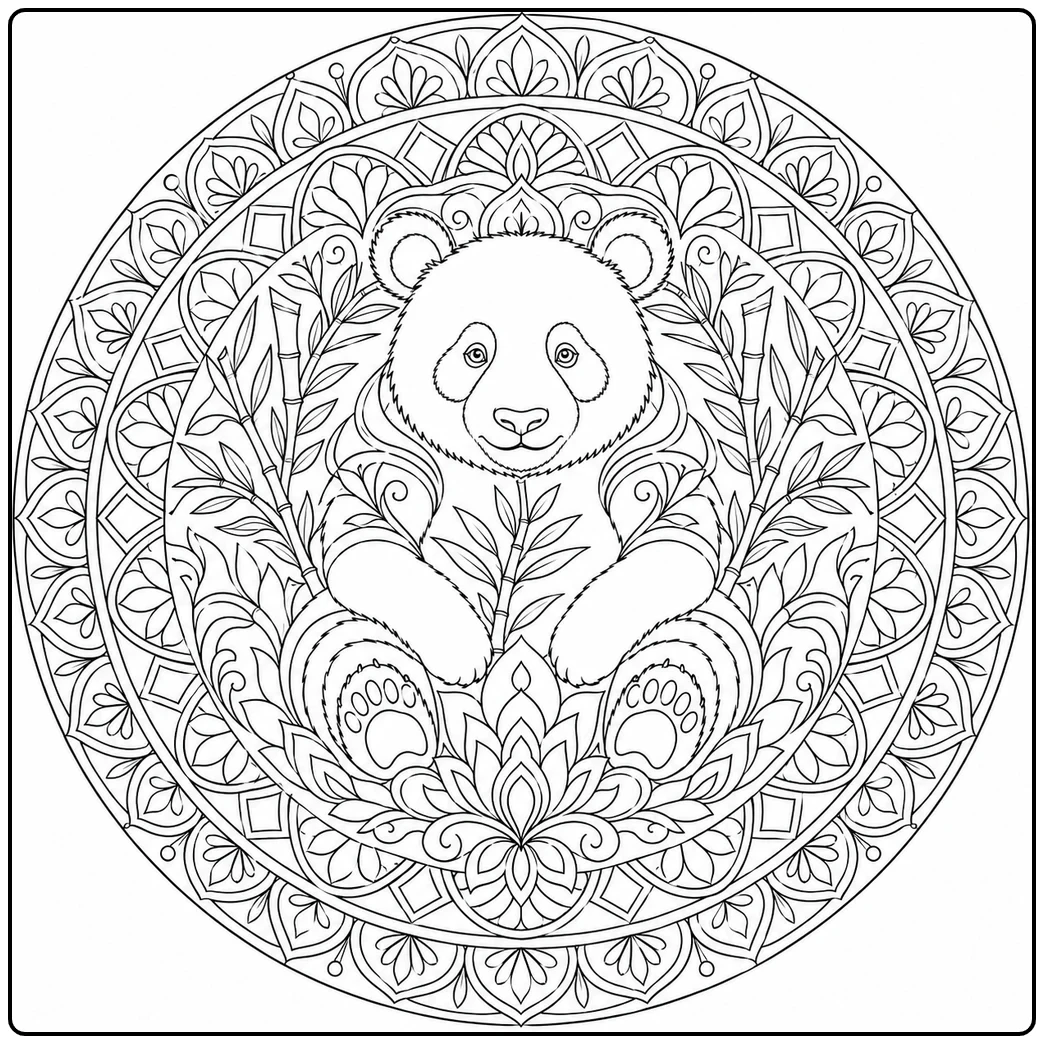 Relax with detailed panda mandala coloring pages featuring a bear holding bamboo stalks.