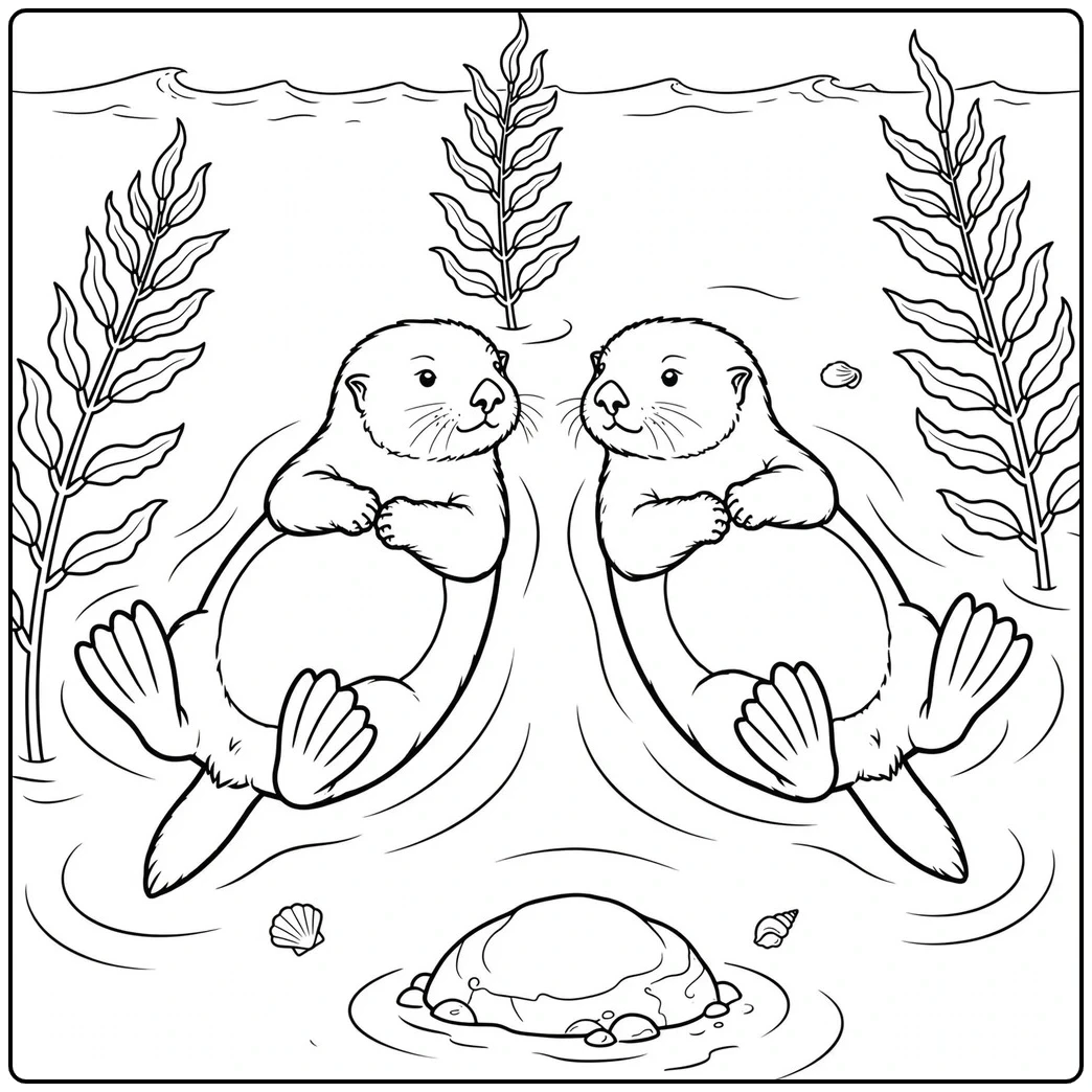 Two sea otters float close together on their backs between tall ocean plants.