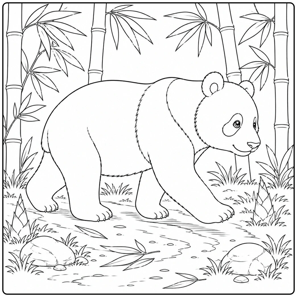 Full body panda walking forward along a dirt pathway through thick bamboo groves.
