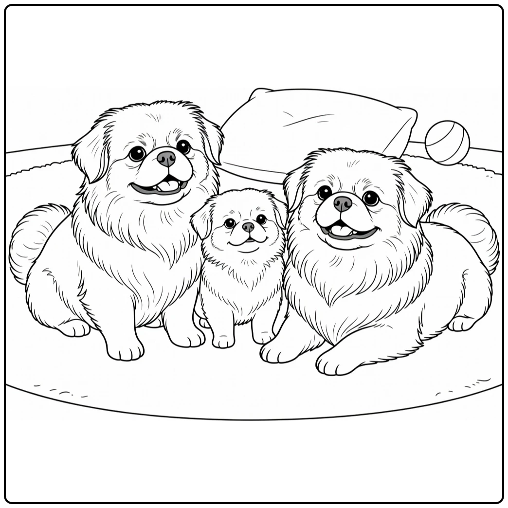 Three Pekingese gather with a small puppy in a warm family coloring scene