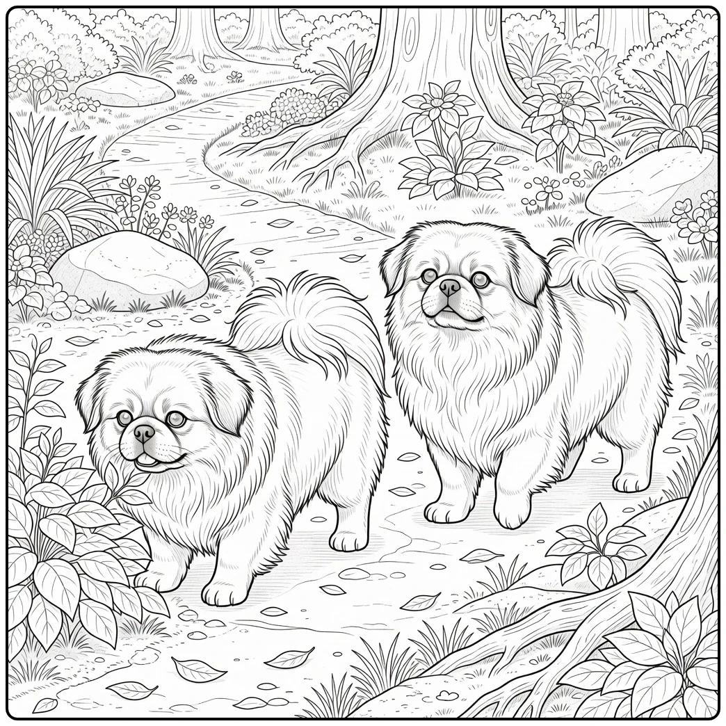 Two Pekingese walk through a detailed woodland pekingese coloring page scene