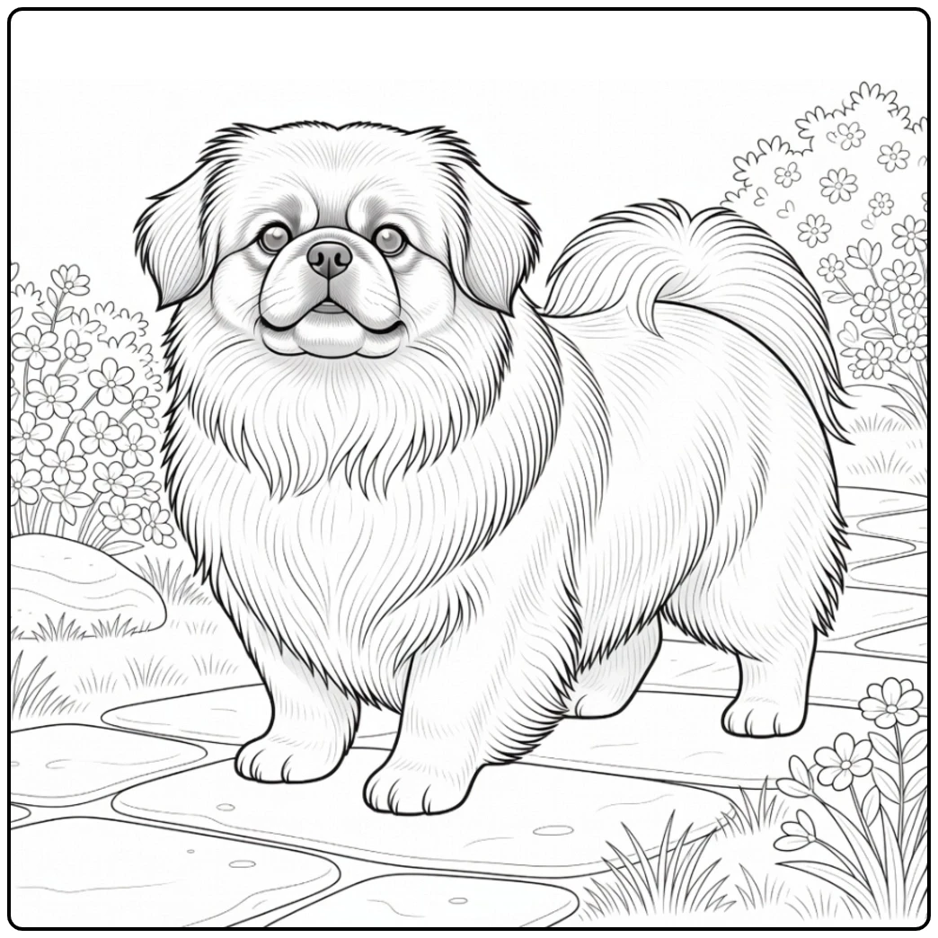 Long-haired Pekingese standing calmly along a flower-lined stone garden path