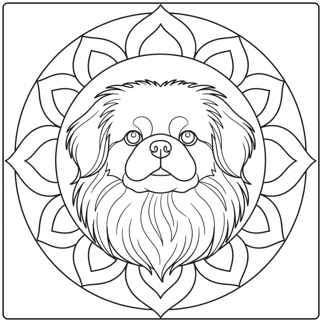 Simple pekingese coloring page with a centered face and broad mandala petals