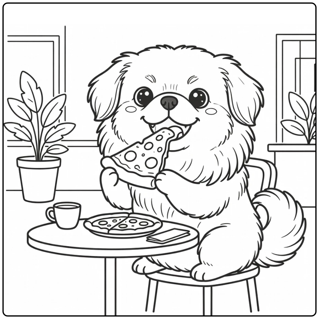 Cafe scene featuring a pekingese coloring page with the dog holding pizza