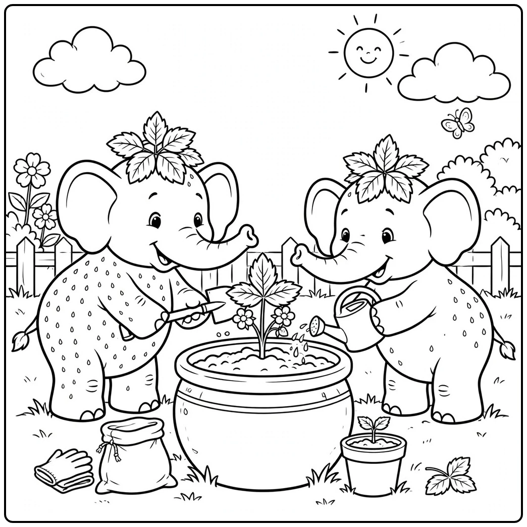 Two gardeners tend a potted plant in this strawberry elephant coloring page with tools