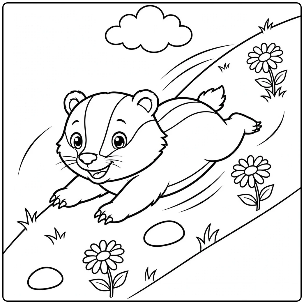A smiling badger cub slides belly-first down a grassy slope dotted with flowers.