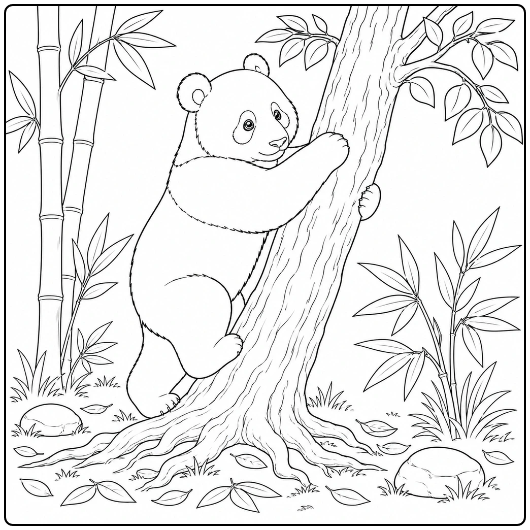 Playful bear clutching a sturdy tree trunk with both paws in a sunny forest setting.