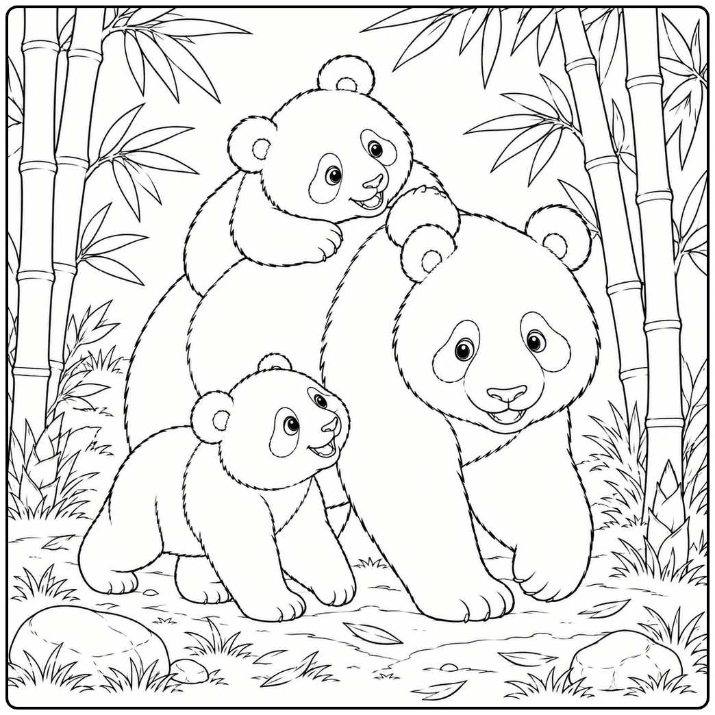 Large panda walking down a dirt path with one cub on its back and another strolling beside it.