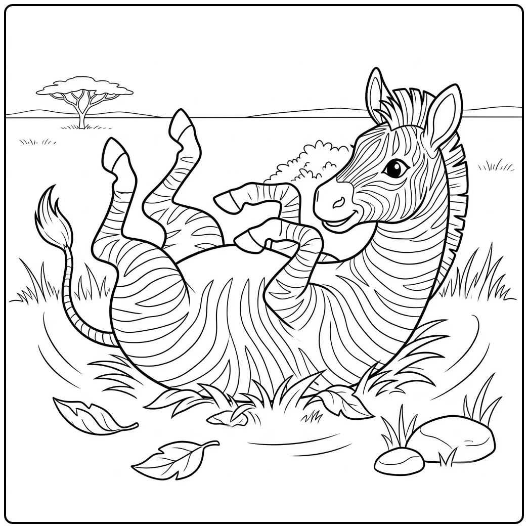 Playful zebra rolls on its back in the grass with legs raised and leaves nearby