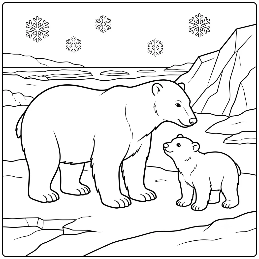 Adult polar bear and cub face each other beside Arctic ice and rocky formations