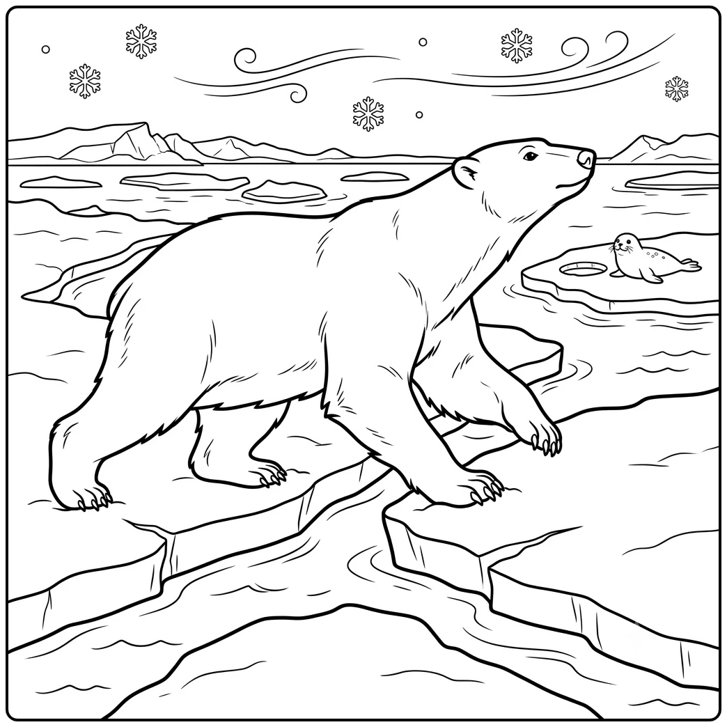 Polar bear coloring page showing a bear approaching a distant seal beside an ice hole