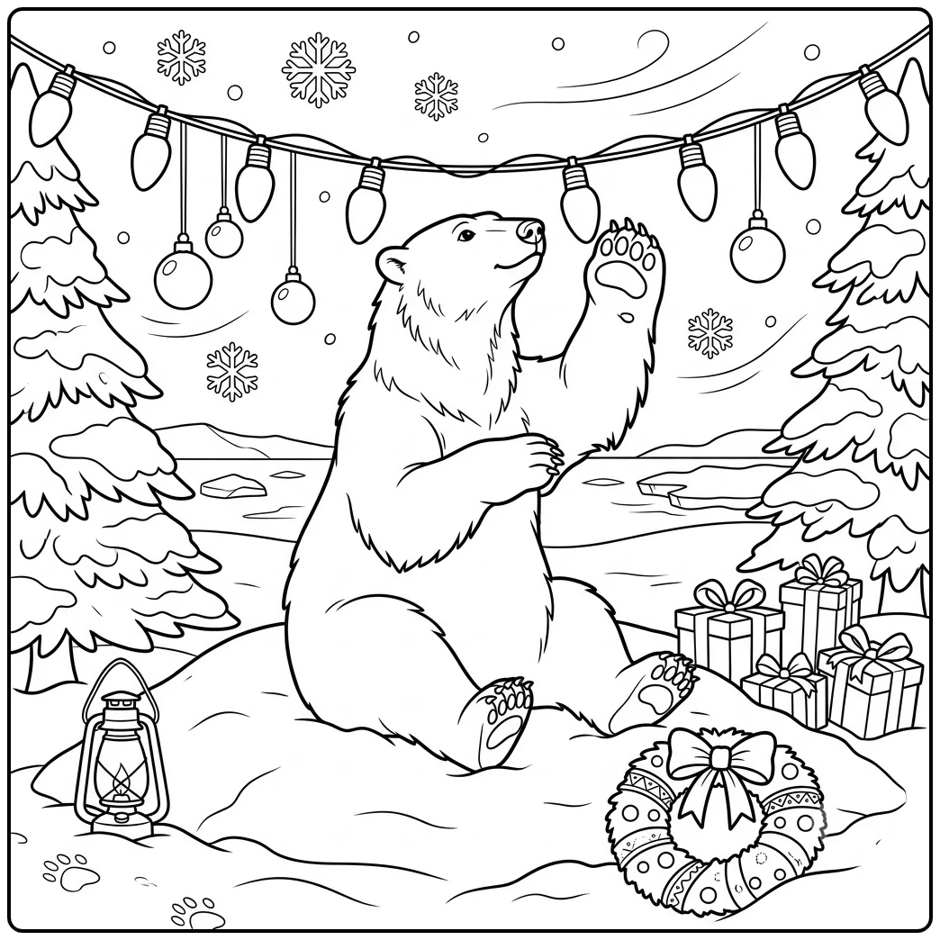 Seated bear reaches toward holiday lights above gifts, snowy trees, a wreath, and lantern