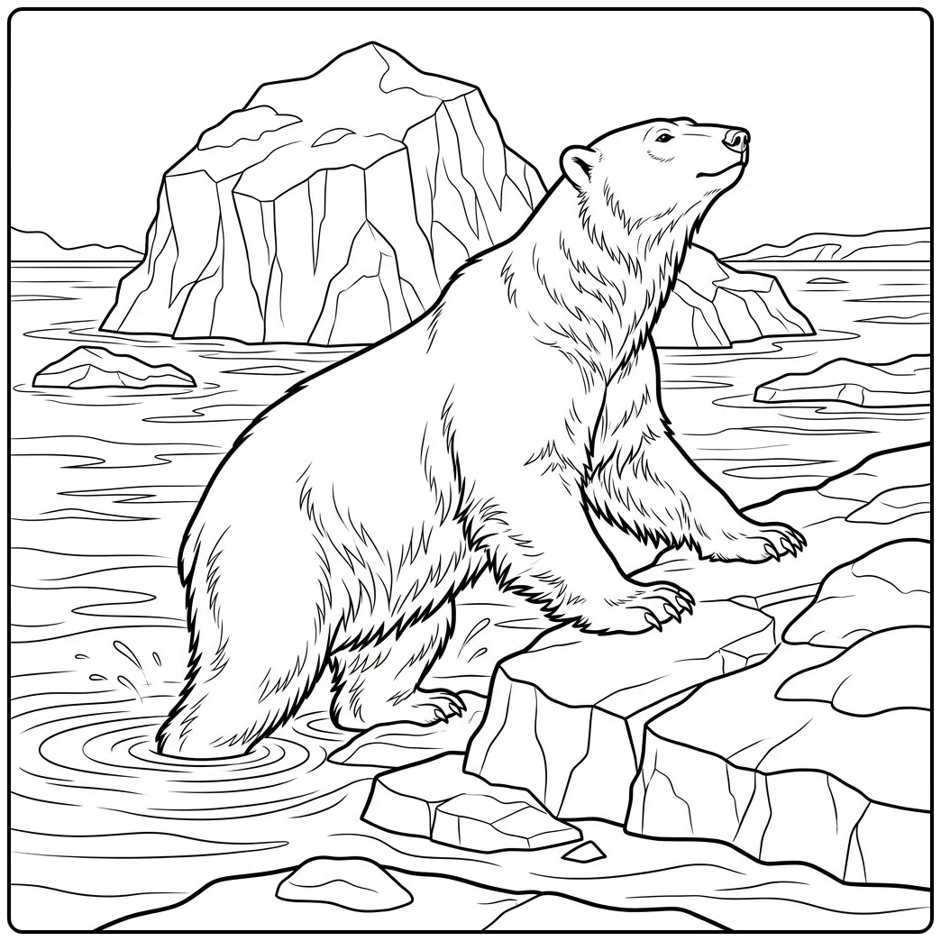 Polar bear steps from icy water onto rocks with a large iceberg rising in the distance.