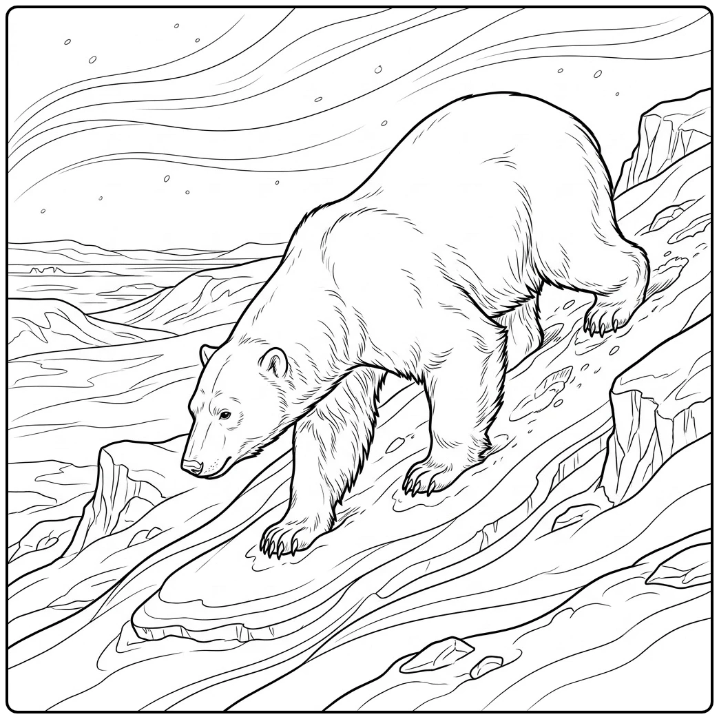 Polar bear descends a steep snowy slope in this realistic polar bear coloring page