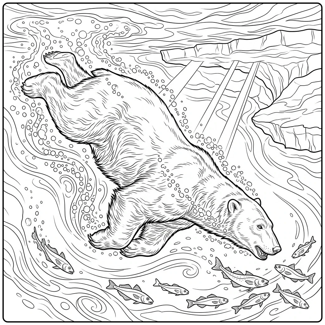 Adult polar bear dives underwater toward a school of fish beneath Arctic sea ice