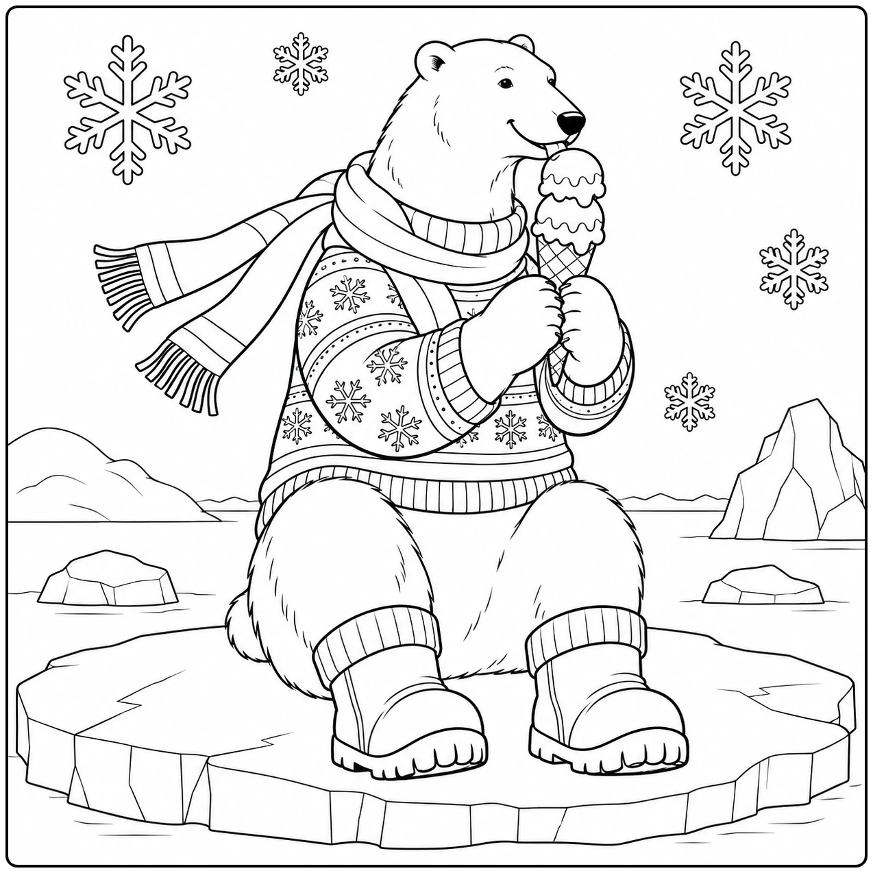 Winter-dressed polar bear enjoys a tall ice cream cone while sitting on an ice floe