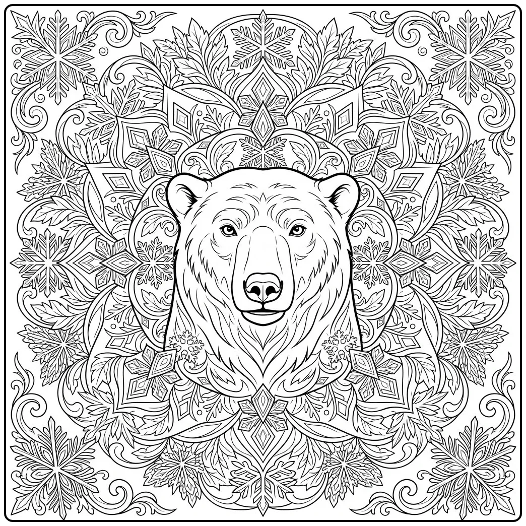 polar bear coloring page with a detailed face framed by symmetrical snowflake mandala patterns