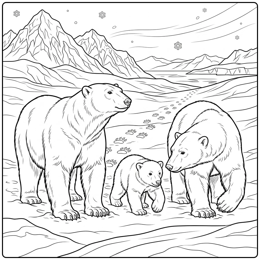 Three polar bears cross a snowy valley with tall Arctic mountains rising behind them
