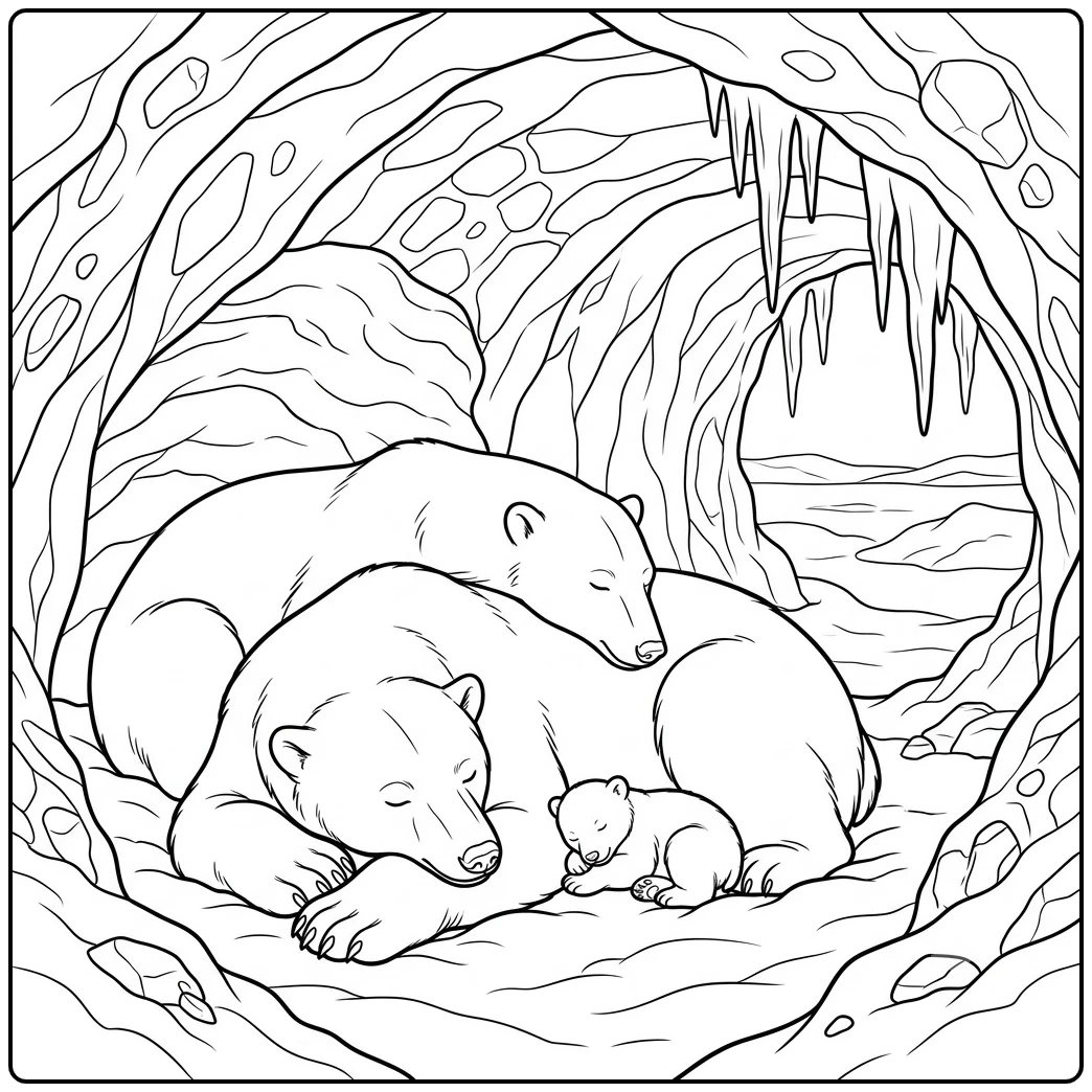 Two adult polar bears and a tiny cub sleep together inside an icy den with hanging icicles